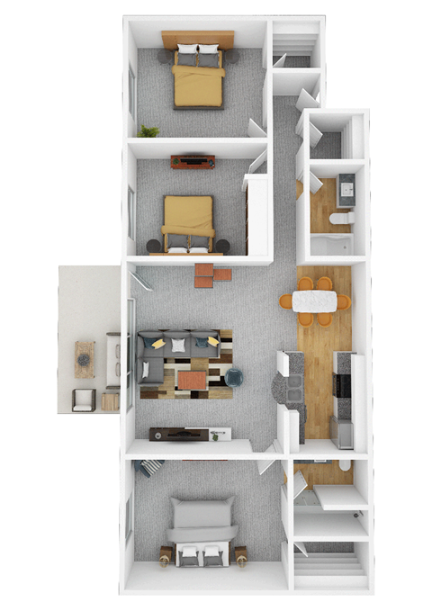 Floor plan for 3 beds, 2 baths, 1312 sqft